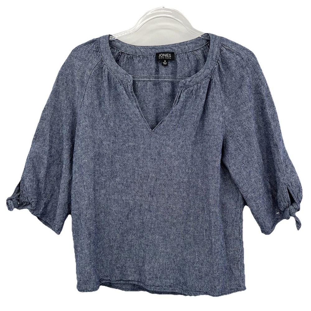 Jones New York Tie-Sleeve Raglan Linen Top Blue Size Medium Short Sleeve M